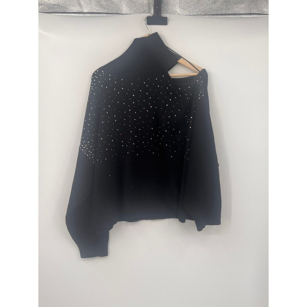 Intempo 4X Black Rhinestone Cold SHoulder Turtleneck Long Sleeve Sweater